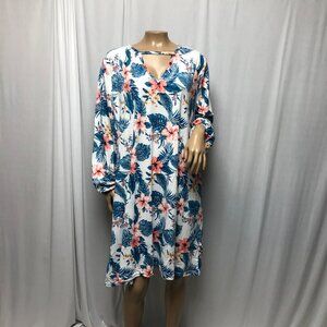 Zeagoo Dress Womens Sz XL White Green Pink Tropical Floral Long Sleeve Shift NEW